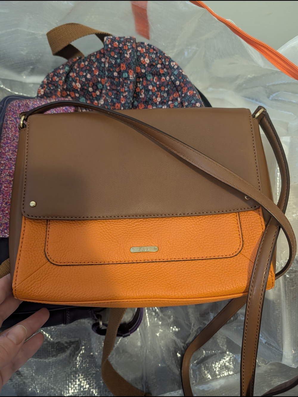 Women's Two-Tone Brown and Orange Leather Crossbody Bag